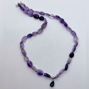 NATURAL Amethyst Stone Bead Knotted Necklace w Sterling Silver Clasp 17”